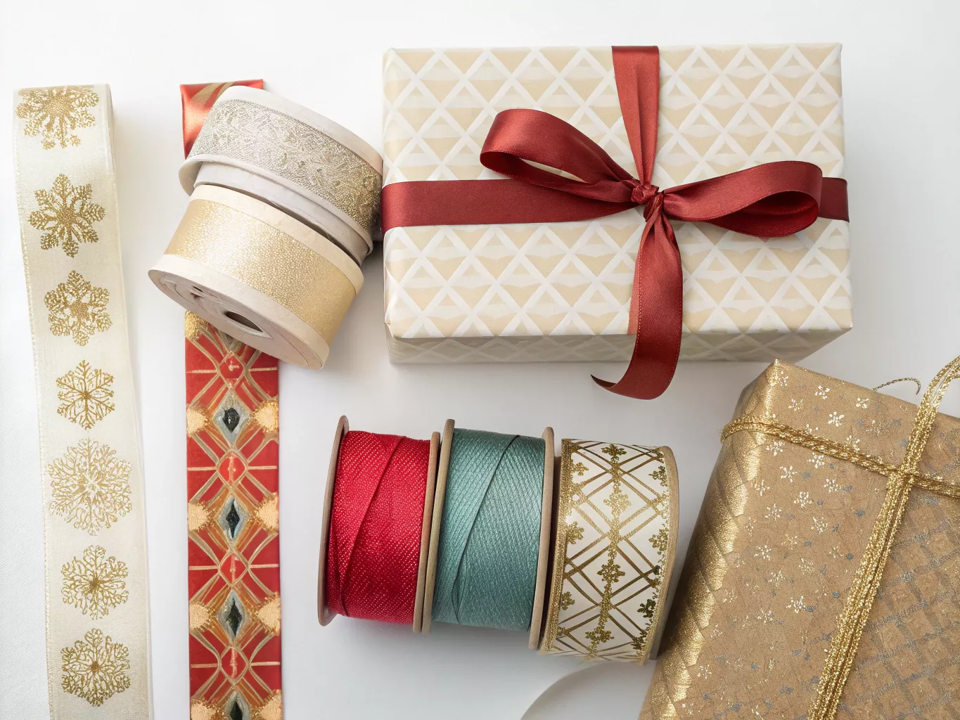 Various premium materials including ribbons, fabric linings, and decorative elements