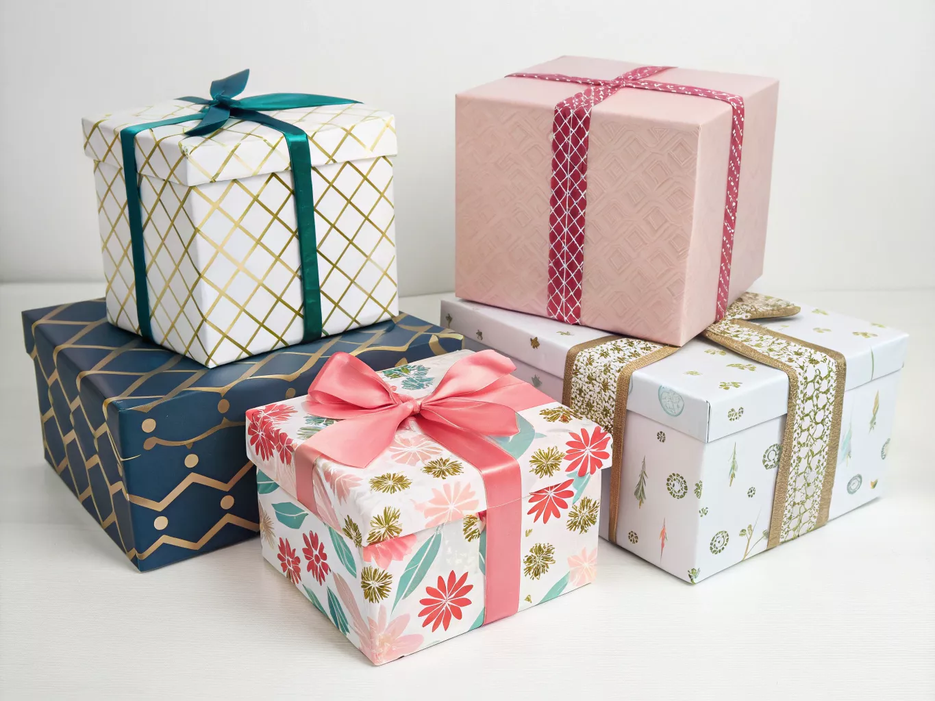 Beautifully arranged custom gift boxes showcasing different styles and designs