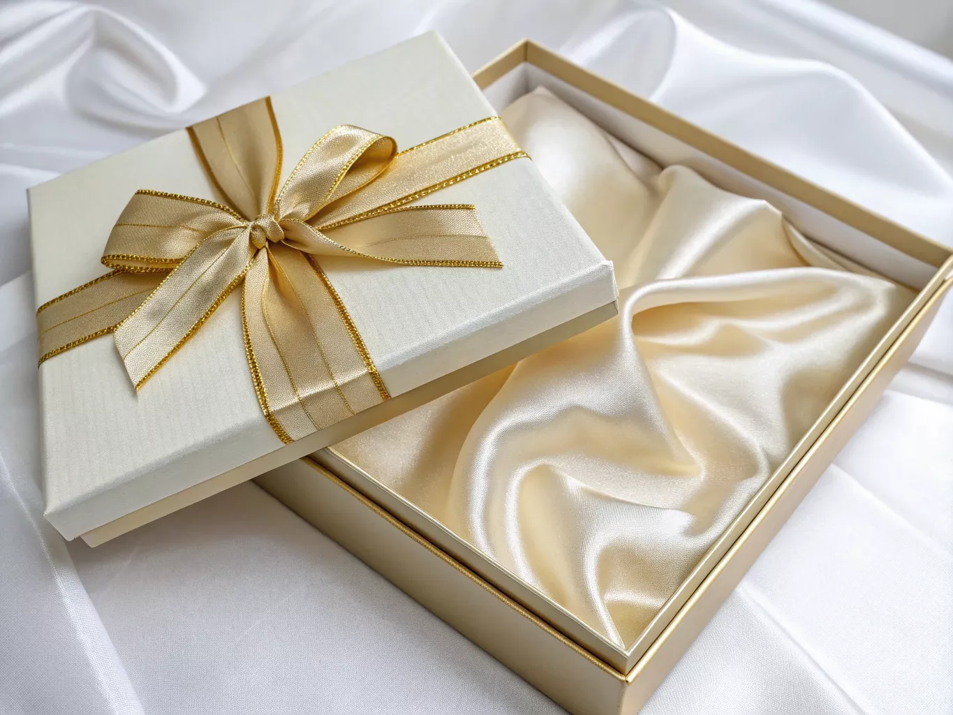 Elegant gift box with gold ribbon and satin lining